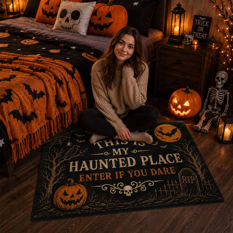 "This Is My Haunted Place – Enter If You Dare" Vintage Halloween Doormat | Spooky Front Door Welcome Mat