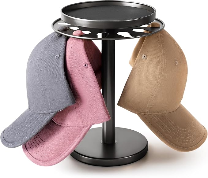 360° Rotating Baseball Cap Organizer with Storage Tray