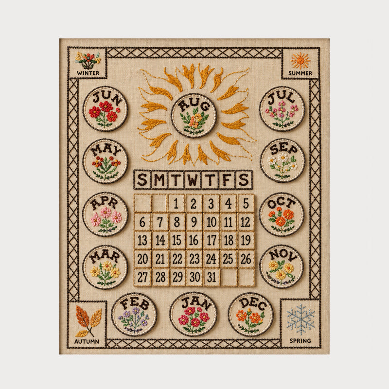 Hand-Embroidered Perpetual Calendar Wall Art