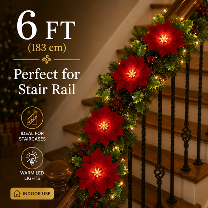 Christmas Poinsettia LED Garland | Lighted Holiday Stair & Mantel Decor