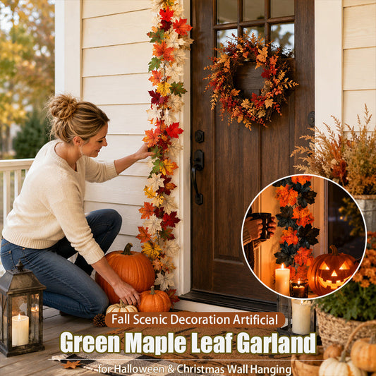 Fall Scenic Decoration Artificial Green Maple Leaf Garland for Halloween & Christmas Wall Hanging