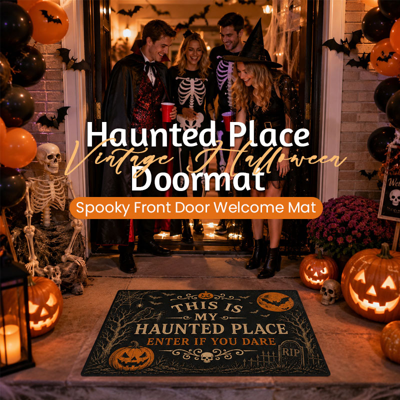 "This Is My Haunted Place – Enter If You Dare" Vintage Halloween Doormat | Spooky Front Door Welcome Mat