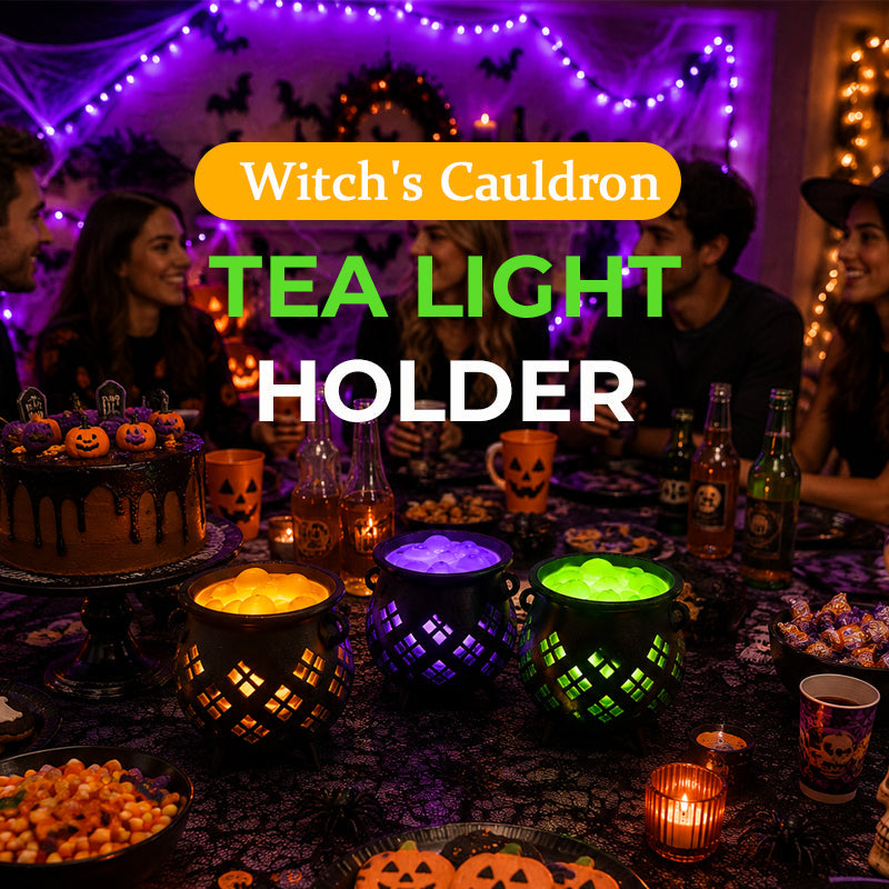 Halloween Witch Cauldron Tea Light Holder | Spooky LED Candle Lamp Decoration