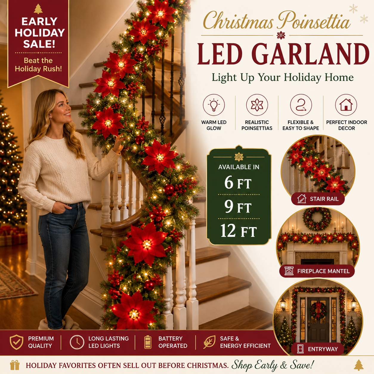 Christmas Poinsettia LED Garland | Lighted Holiday Stair & Mantel Decor