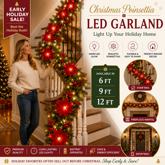 Christmas Poinsettia LED Garland | Lighted Holiday Stair & Mantel Decor