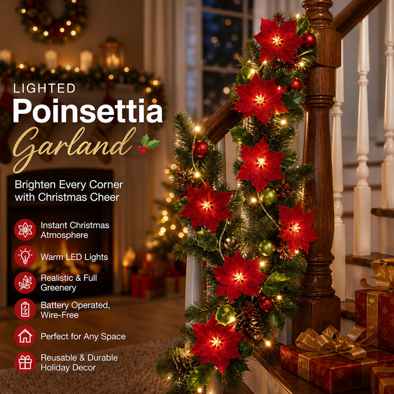 Christmas Poinsettia LED Garland | Lighted Holiday Stair & Mantel Decor