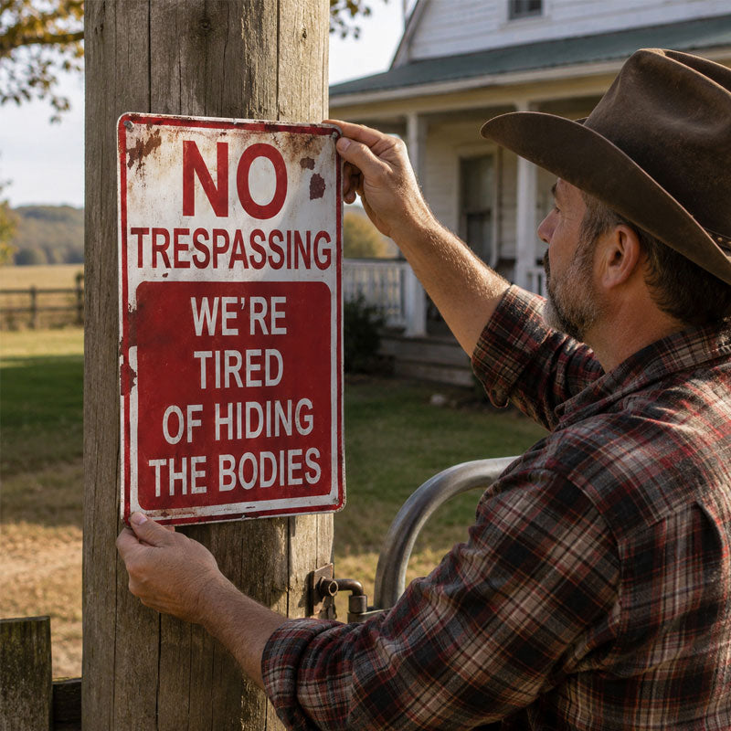 No Trespassing—We're Tired of Hiding Bodies (Metal Sign)