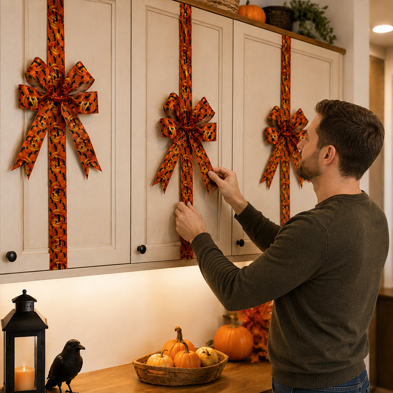 🎃Halloween Cabinet Bow Decoration-Funny Pumpkin Ribbon Wreath for Kitchen Cabinet
