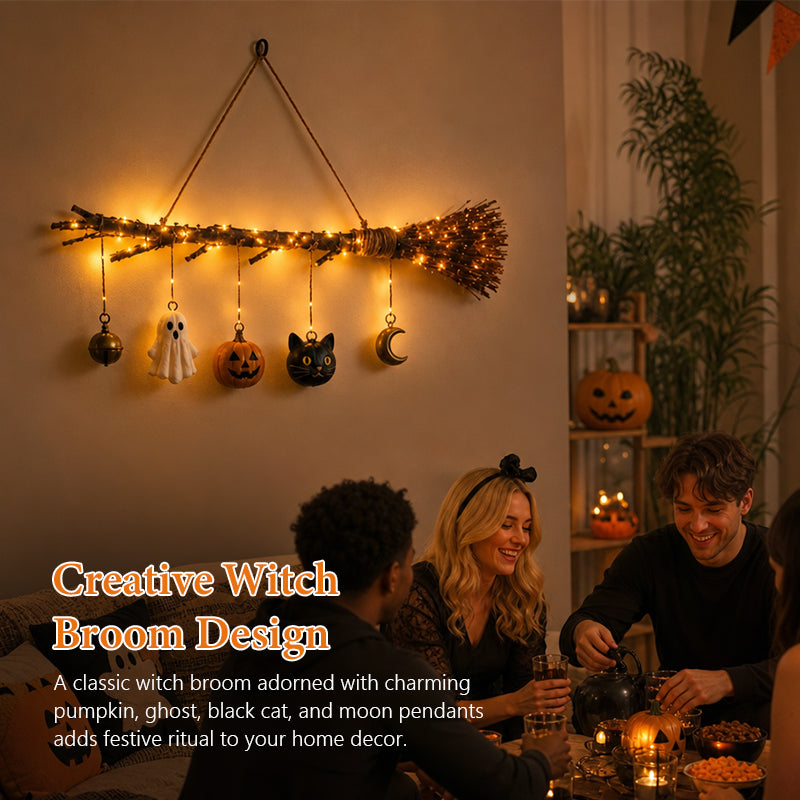 🎃 Halloween Luminous Witch Broom Wall Hanging Decor 🧹
