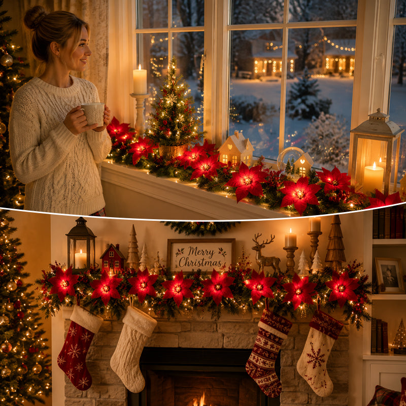 Christmas Poinsettia LED Garland | Lighted Holiday Stair & Mantel Decor