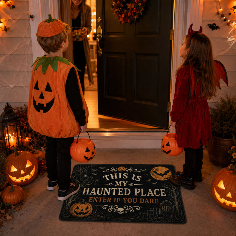 "This Is My Haunted Place – Enter If You Dare" Vintage Halloween Doormat | Spooky Front Door Welcome Mat
