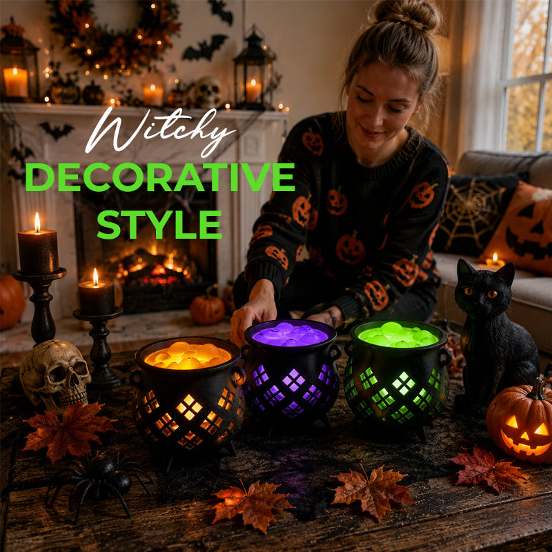 Halloween Witch Cauldron Tea Light Holder | Spooky LED Candle Lamp Decoration