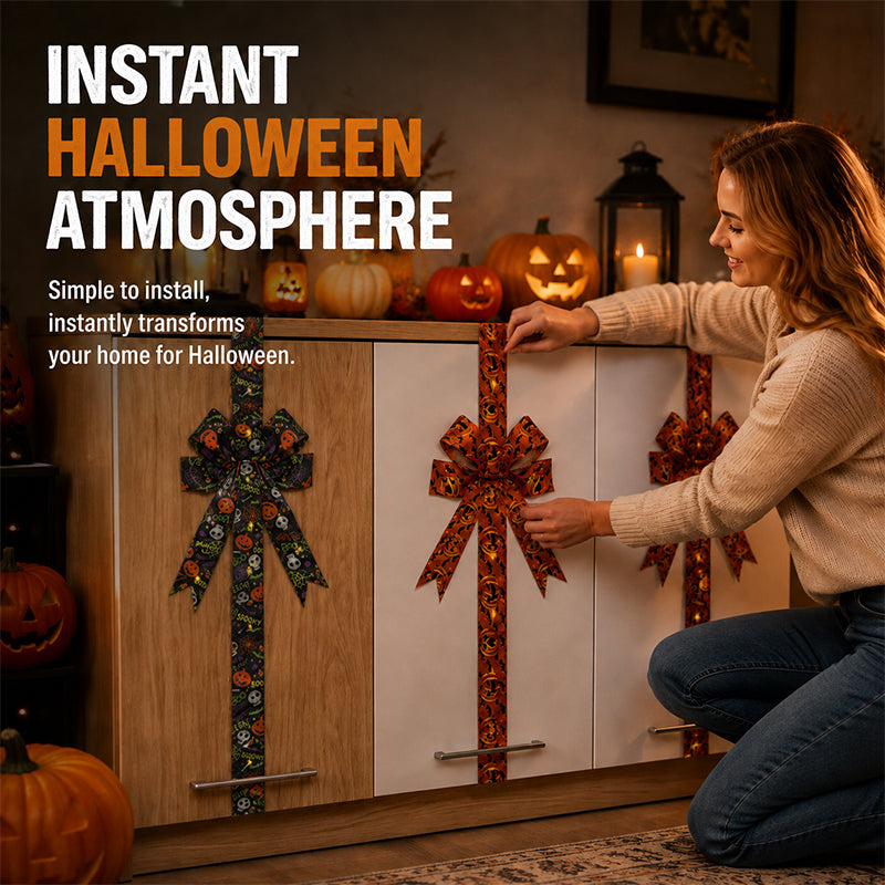 🎃Halloween Cabinet Bow Decoration-Funny Pumpkin Ribbon Wreath for Kitchen Cabinet