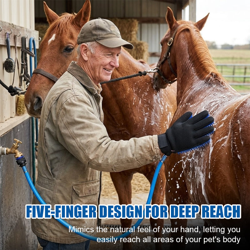 Pet Bathing & Massaging Grooming Glove with Sprayer Hose - 5-Finger Deshedding Shower Tool for Dogs & Cats