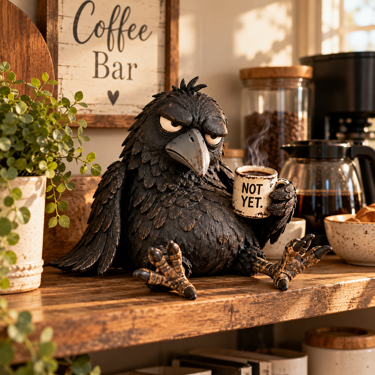 Grumpy Coffee Raven Figurine – “Not Yet” Funny Morning Decor
