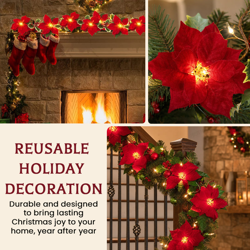 Christmas Poinsettia LED Garland | Lighted Holiday Stair & Mantel Decor