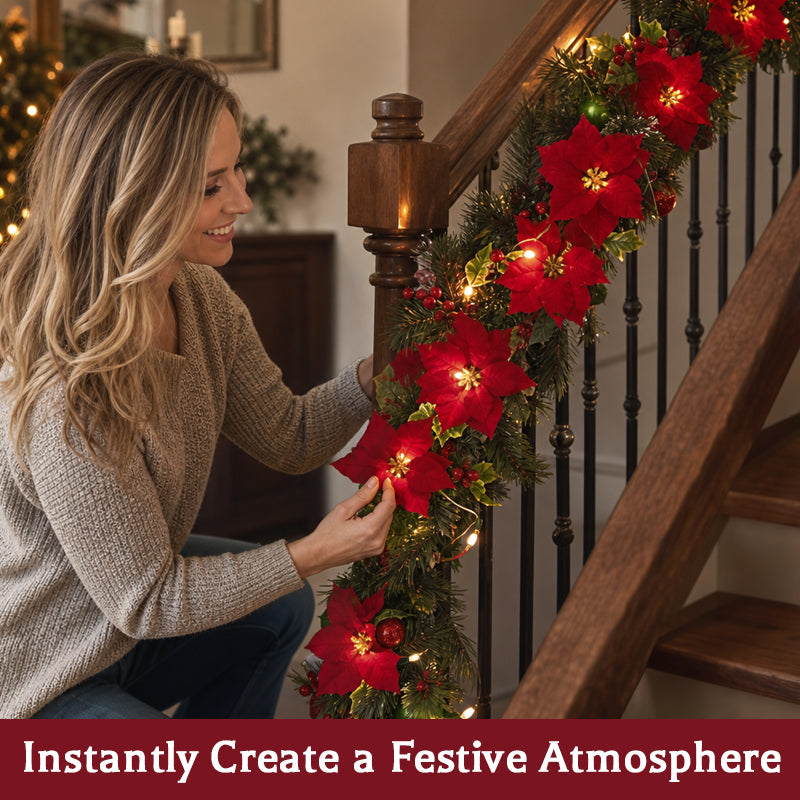 Christmas Poinsettia LED Garland | Lighted Holiday Stair & Mantel Decor