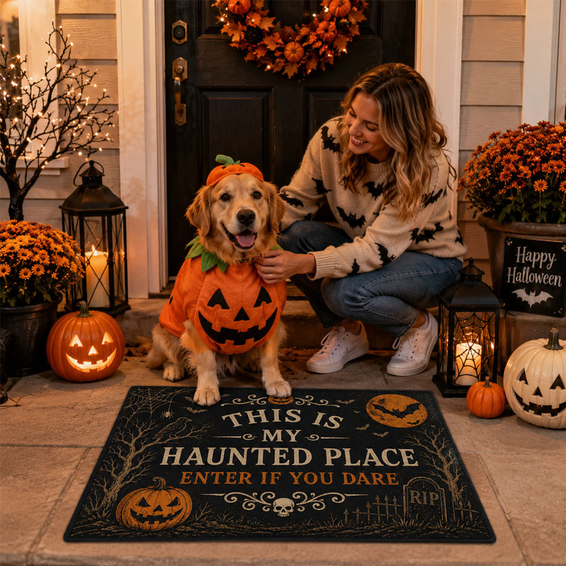 "This Is My Haunted Place – Enter If You Dare" Vintage Halloween Doormat | Spooky Front Door Welcome Mat