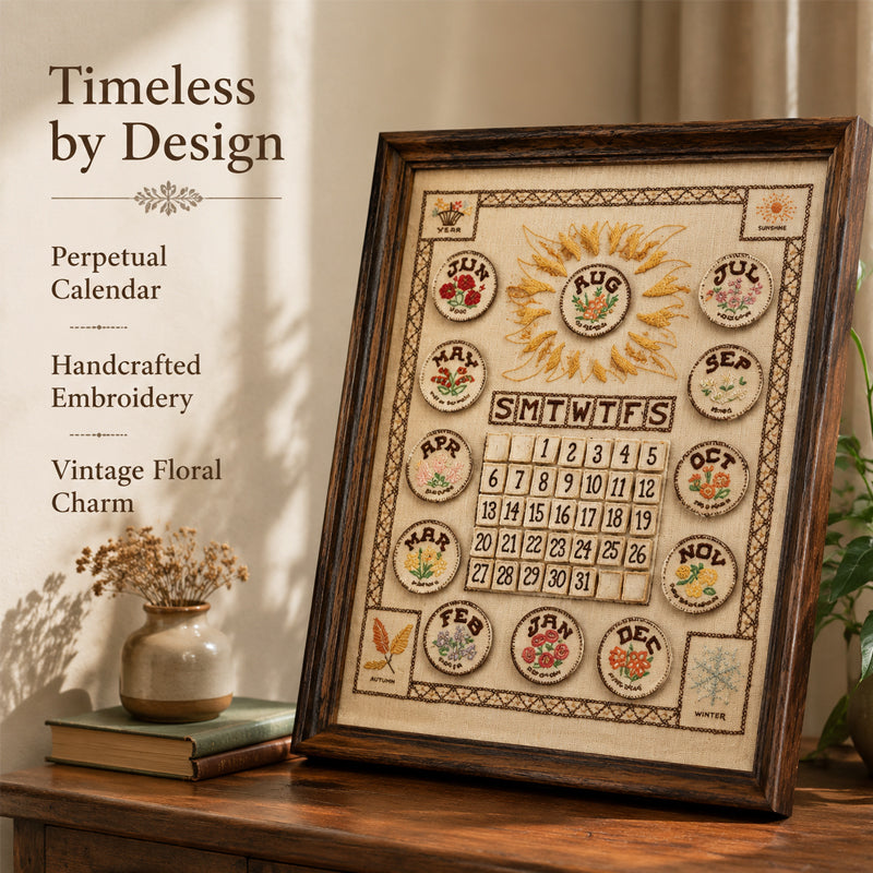 Hand-Embroidered Perpetual Calendar Wall Art