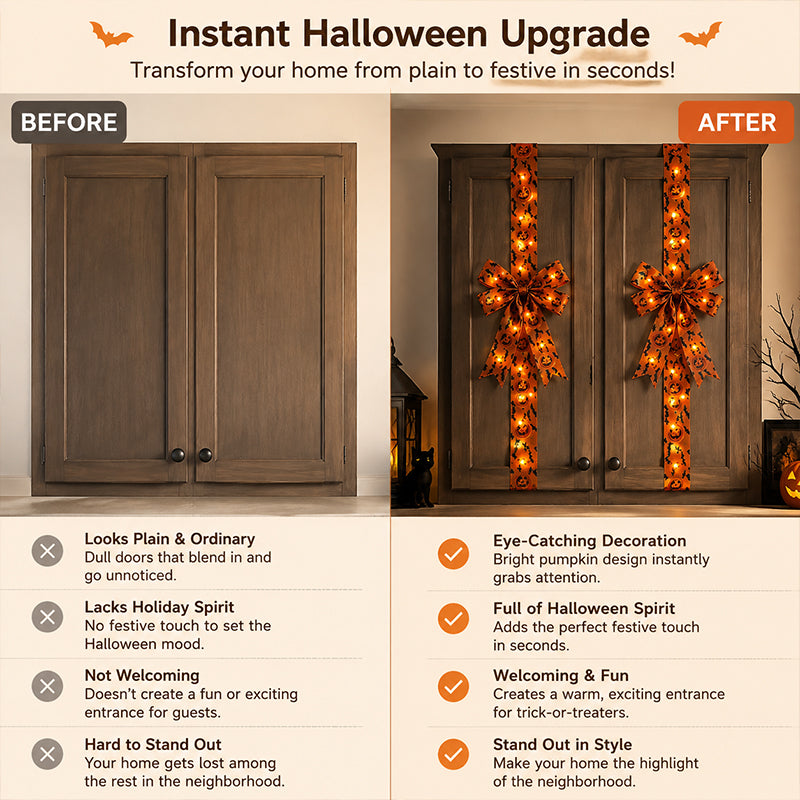🎃Halloween Cabinet Bow Decoration-Funny Pumpkin Ribbon Wreath for Kitchen Cabinet