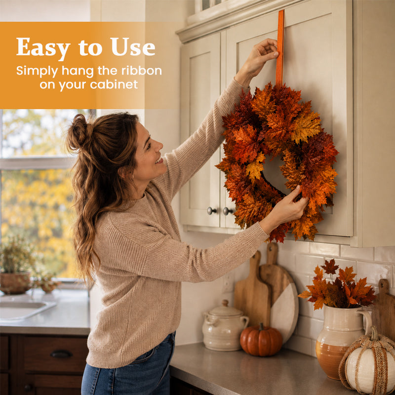Autumn Maple Leaf Kitchen Cabinet Wreaths with Ribbon