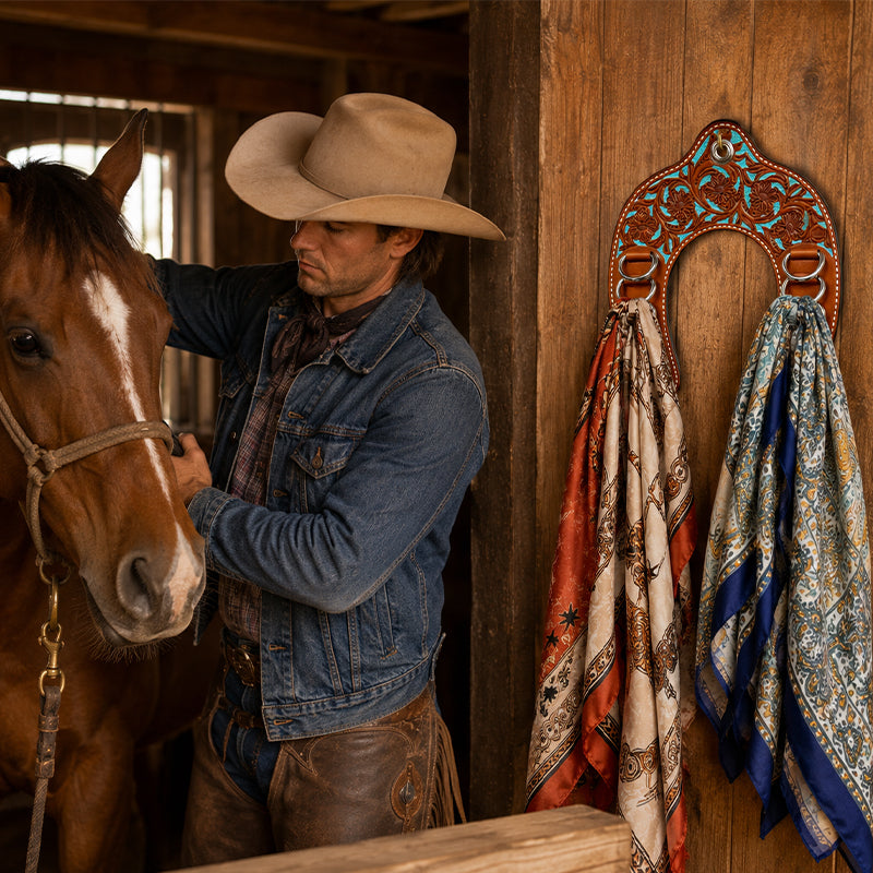 Handcrafted Leather Horseshoe Wild Rag Holder | Western Scarf & Bandana Organizer