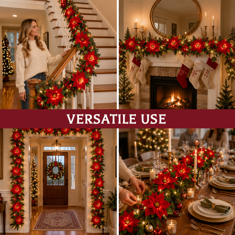 Christmas Poinsettia LED Garland | Lighted Holiday Stair & Mantel Decor