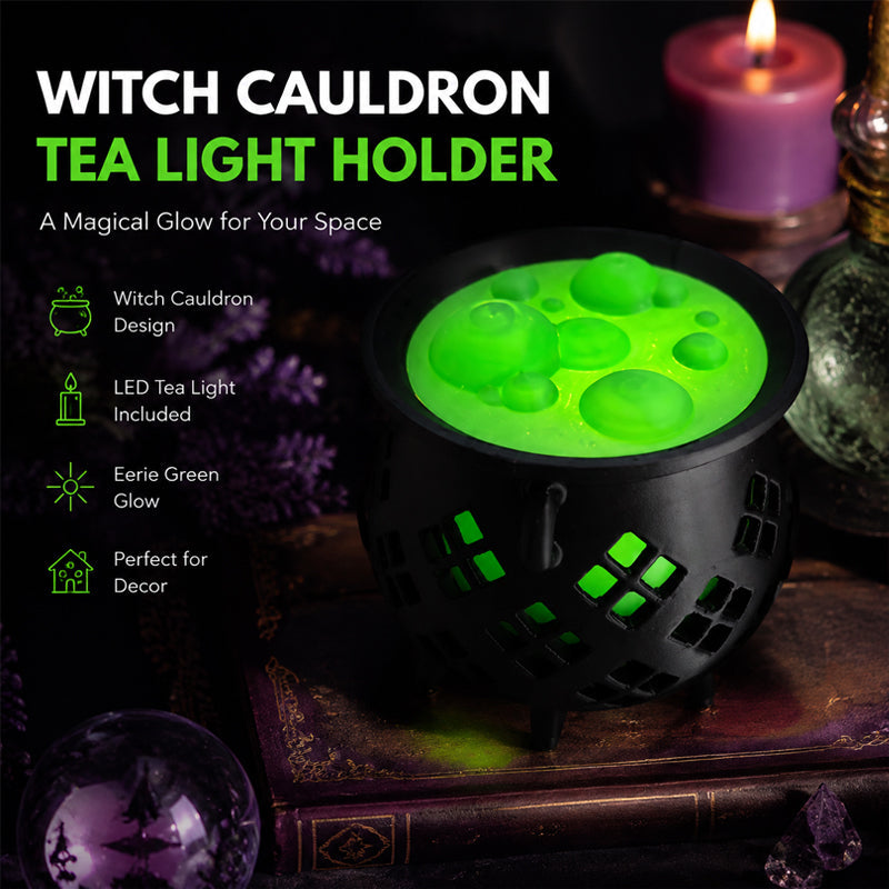 Halloween Witch Cauldron Tea Light Holder | Spooky LED Candle Lamp Decoration
