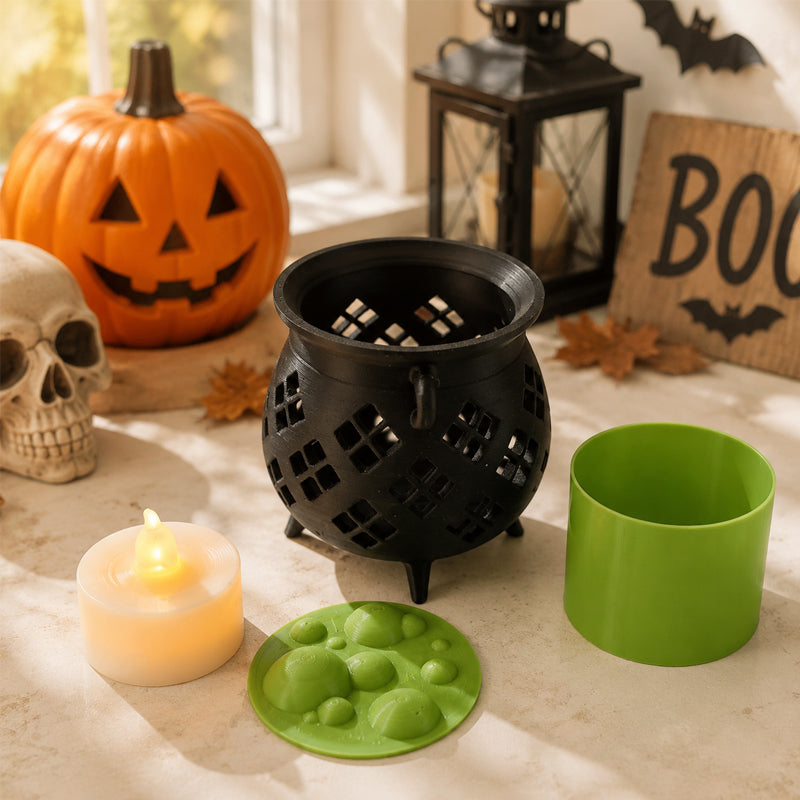 Halloween Witch Cauldron Tea Light Holder | Spooky LED Candle Lamp Decoration