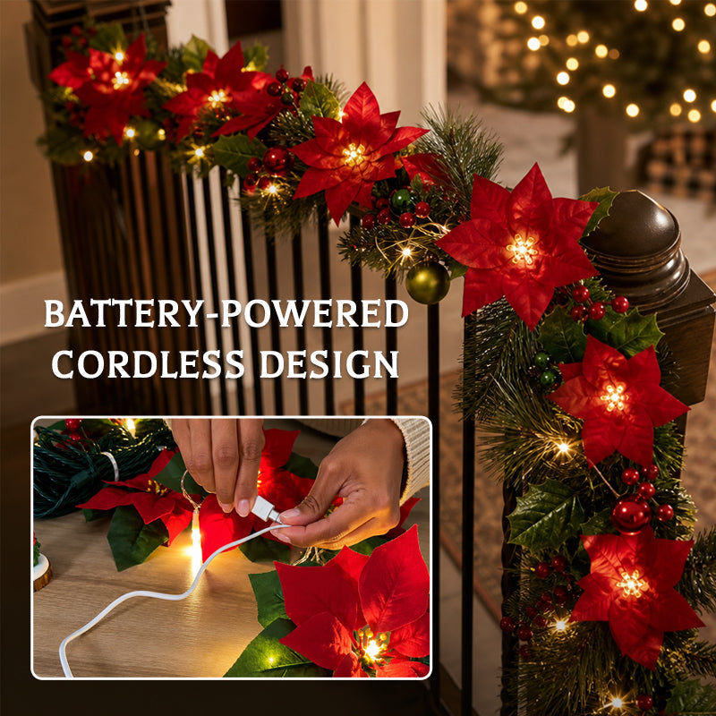 Christmas Poinsettia LED Garland | Lighted Holiday Stair & Mantel Decor