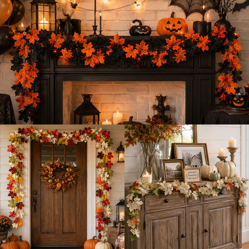 Fall Scenic Decoration Artificial Green Maple Leaf Garland for Halloween & Christmas Wall Hanging