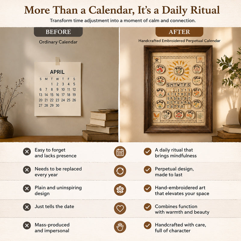 Hand-Embroidered Perpetual Calendar Wall Art