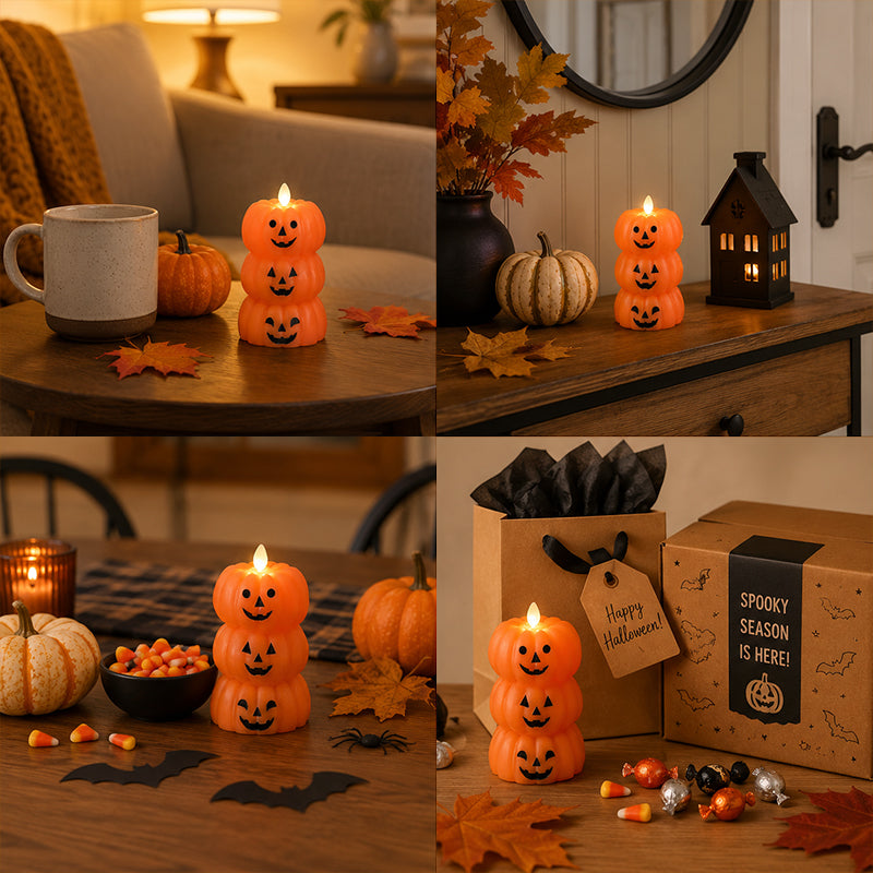 🎃 Early Halloween Sale | Stacked Pumpkin LED Candle Light | Spooky Fall Home Decor & Gift