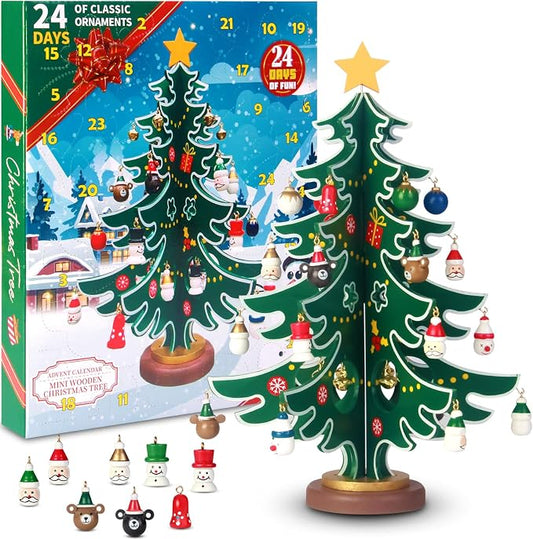 24-Day Wooden Christmas Tree Advent Calendar with Ornaments