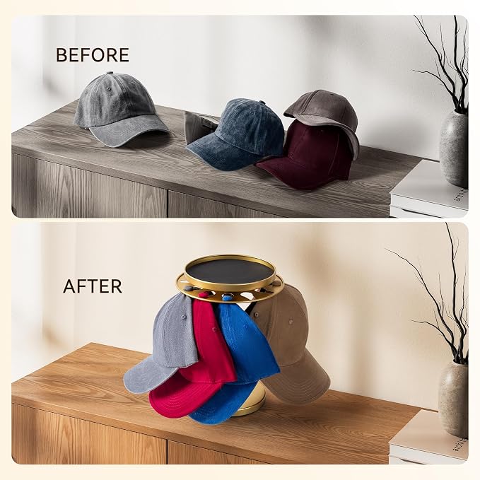 360° Rotating Baseball Cap Organizer with Storage Tray