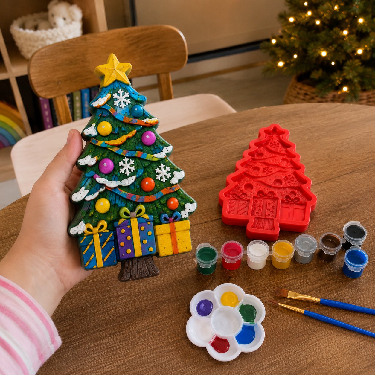 🔥 LAST DAY 49% OFF – 🎄 DIY Christmas Tree Mold & Paint Craft Kit | Reusable 3D Mold with 8 Acrylic Paints, 2 Brushes & Festive Detail Guide 🎨✨