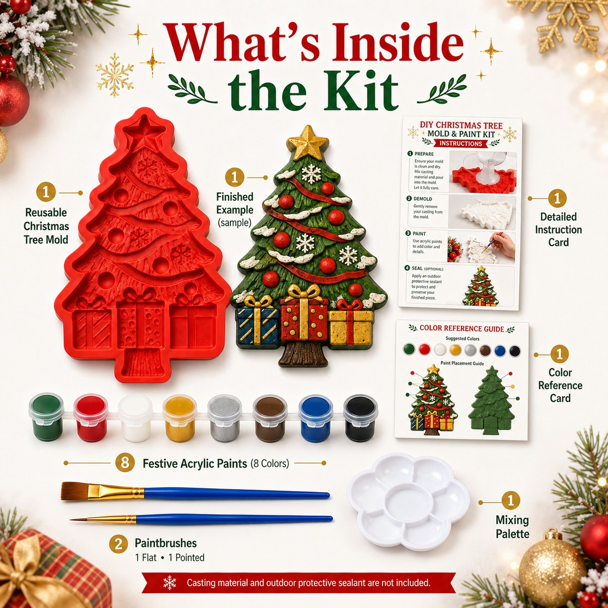 🔥 LAST DAY 49% OFF – 🎄 DIY Christmas Tree Mold & Paint Craft Kit | Reusable 3D Mold with 8 Acrylic Paints, 2 Brushes & Festive Detail Guide 🎨✨