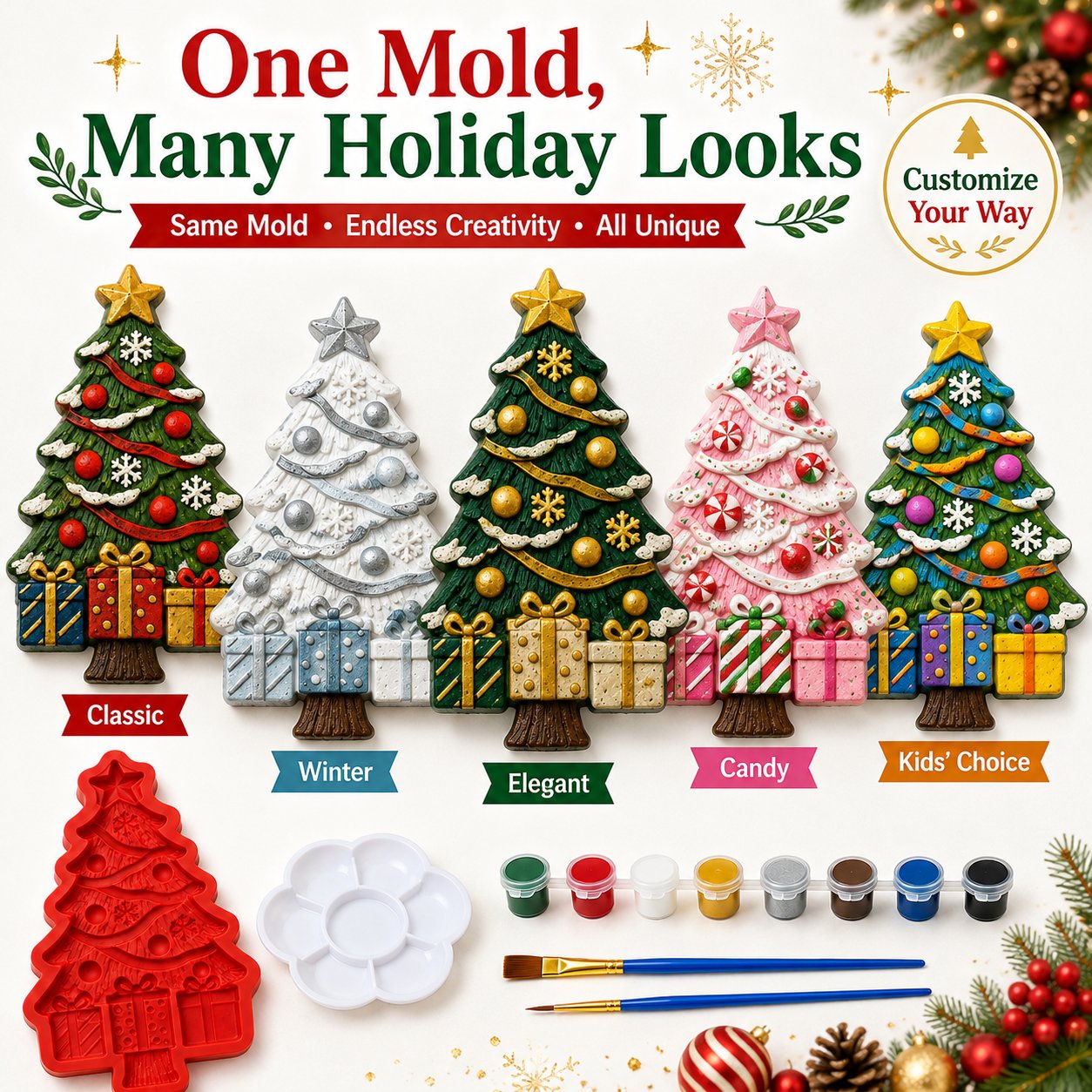 🔥 LAST DAY 49% OFF – 🎄 DIY Christmas Tree Mold & Paint Craft Kit | Reusable 3D Mold with 8 Acrylic Paints, 2 Brushes & Festive Detail Guide 🎨✨