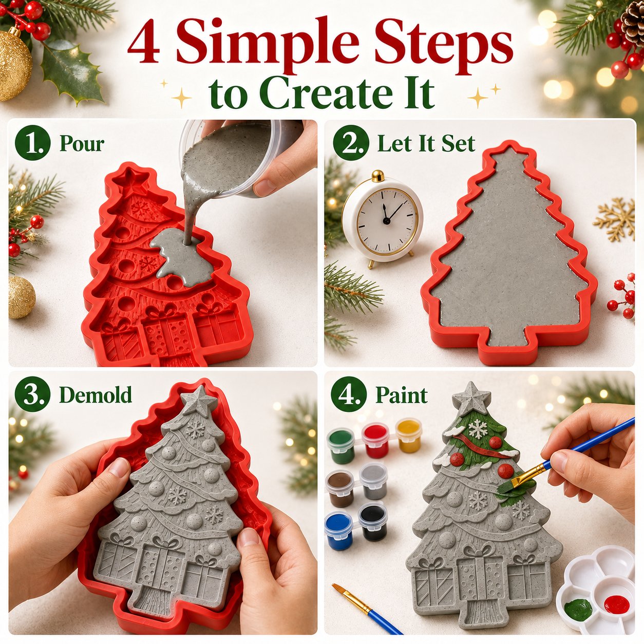 🔥 LAST DAY 49% OFF – 🎄 DIY Christmas Tree Mold & Paint Craft Kit | Reusable 3D Mold with 8 Acrylic Paints, 2 Brushes & Festive Detail Guide 🎨✨
