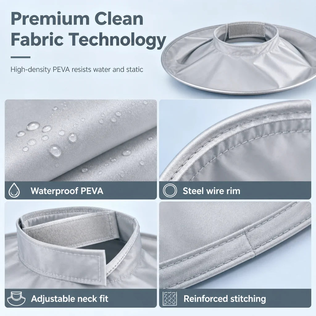 Hair Cutting Cape with Catcher – built-in groove traps clippings, no mess on clothes or floors. Waterproof, non-static, folds flat. Perfect for home trims & kids' cuts
